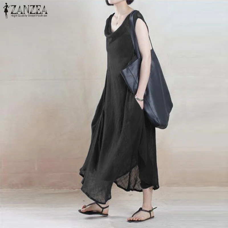 Женское Ассиметричное платье на бретелях Vestido ZANZEA, льняное платье-Кафтан размера плюс, женское повседневное летнее платье без рукавов