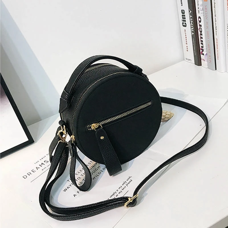 

ABDB-Fashion Circular Scrub PU Leather Handbag Female Retro Small Round Shoulder Bag Women Circle Messenger Bag