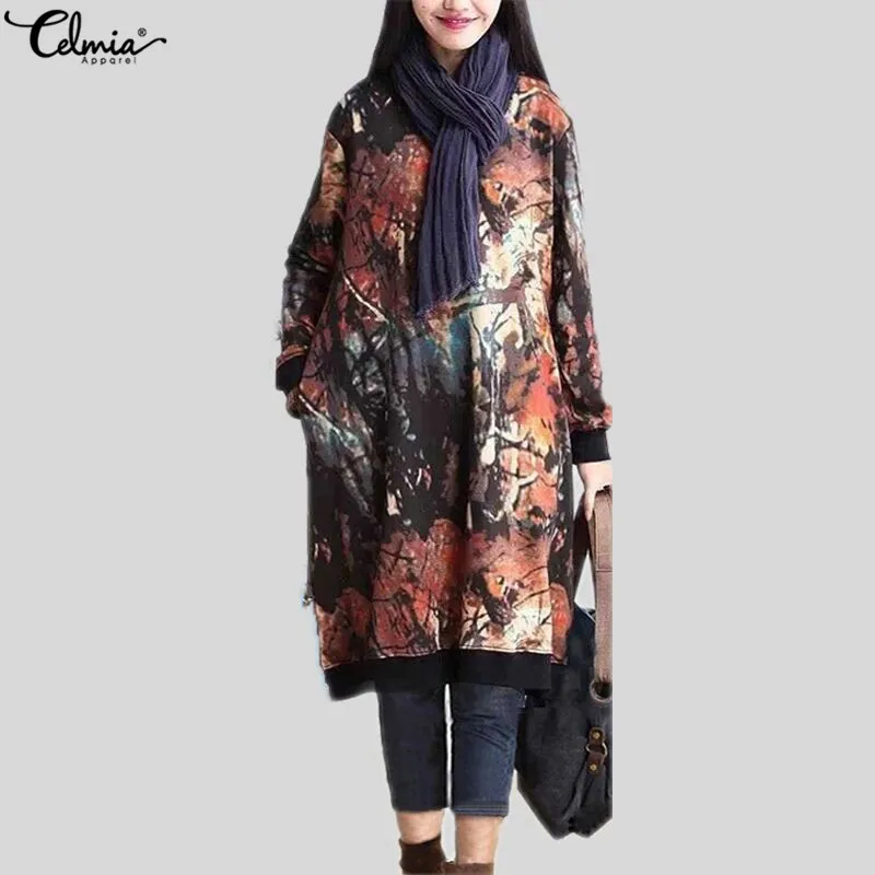 Celmia Women Casual Hoodie Dress Autumn Vintage Printed Hoodies Sweatshirt Jumpers Long Top Vestido