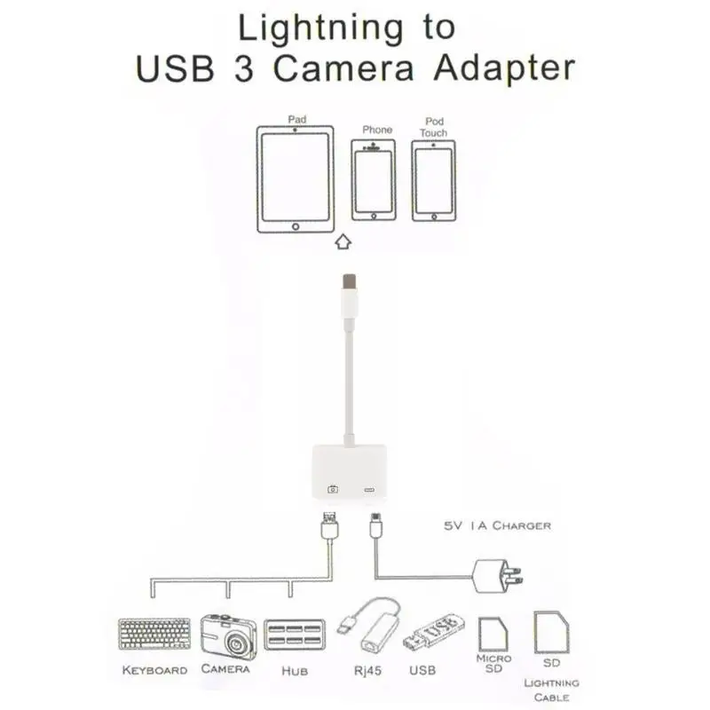 2 в 1 комплект для подключения камеры 8Pin к USB OTG Кабель адаптер iPhone iPad 5 5S 6 6s 7 8 plus