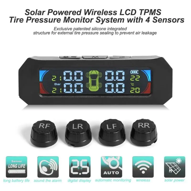 

Solar Wireless Tire Pressure Detector Automotive General Tire Monitor Color LCD TPMS Temperature Monitoring System.