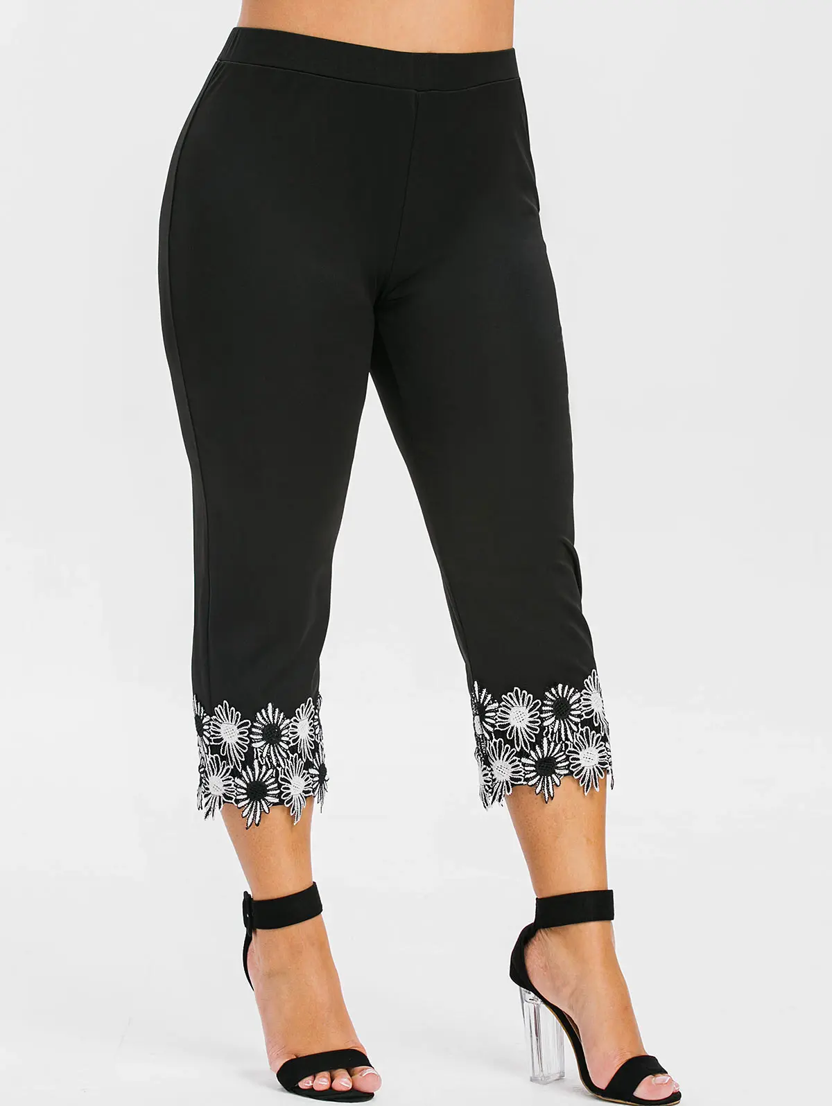 

Wipalo High Waisted Plus Size Lace Applique Capri Leggings Casual Summer Women Pants Patchwork Fitness Legging Female Trousers