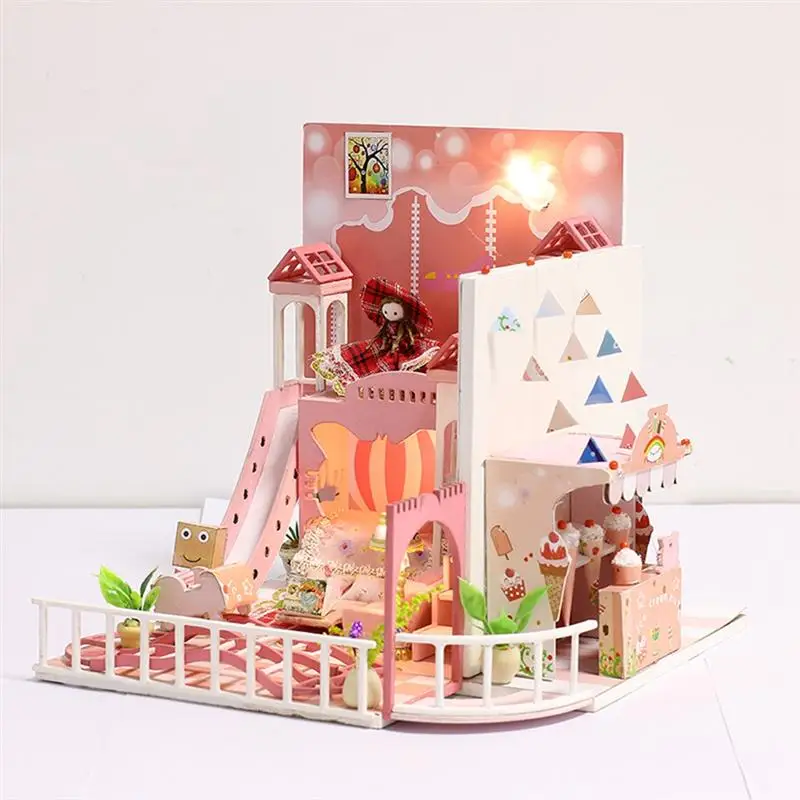 Розовый набор для поделок, миниатюрный деревянный домик, модель комнаты, модель ручной работы с мебелью и чехлом для детей, игрушка в подарок