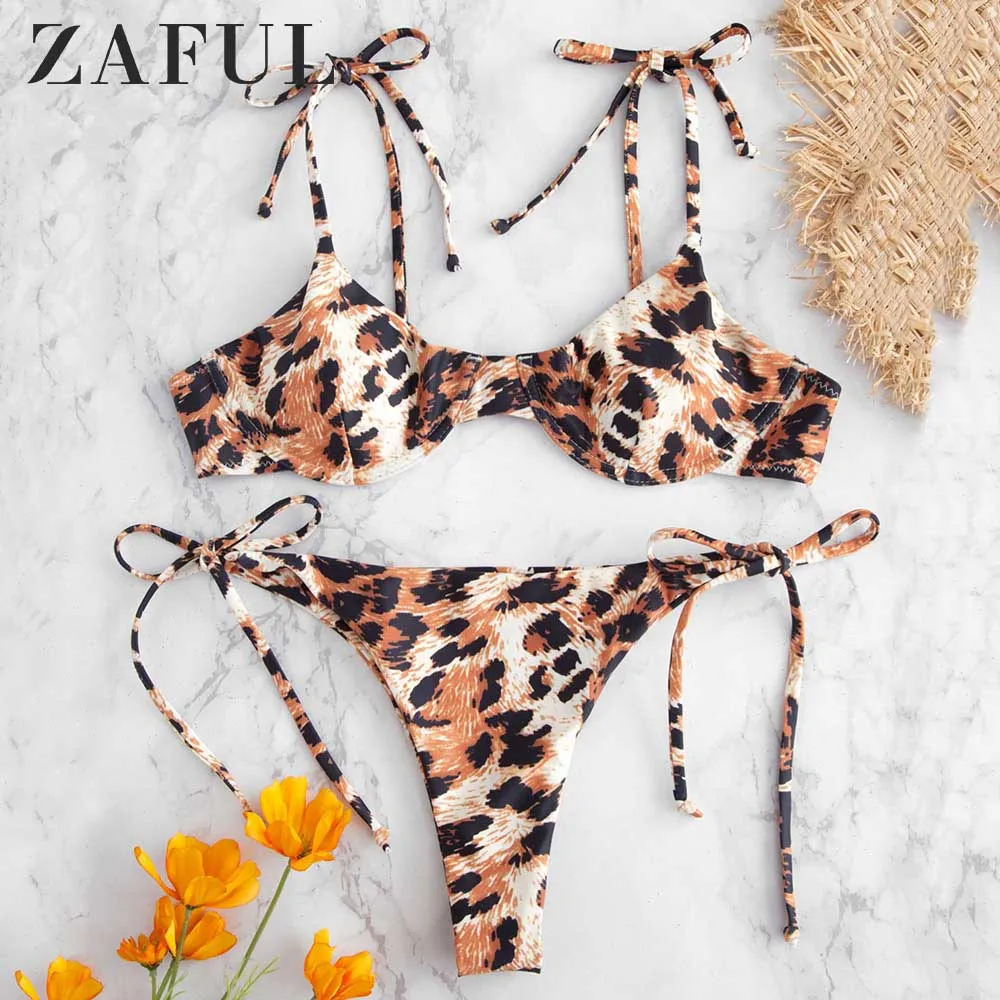 Женский купальник бикини ZAFUL леопардовый комплект из 2 предметов с завязками на