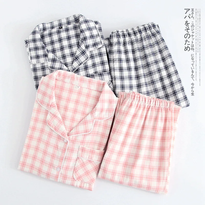 

New 100% Cotton Yarn-dyed Couple Long Sleeve Pajamas Plaid Turn-down Collar Short Sleeve for Men and Women Pyjamas Home Pijama