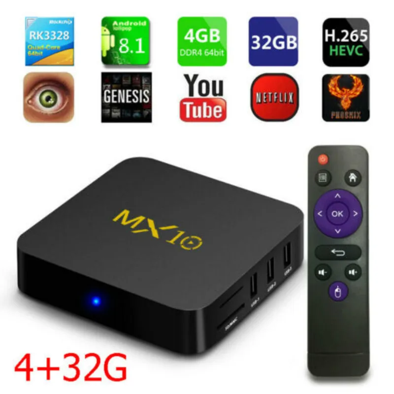 MX10 Android 8,1 пирог 4+ 32 ГБ 4 K Media Player Smart ТВ коробка 64bit 4 ядра UHD Wi-Fi