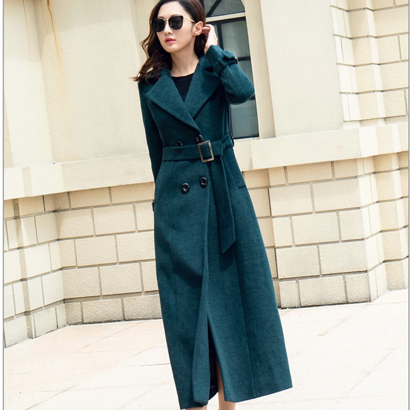 

2019 Autumn Winter New Office Wear Wool Blend Trench Coat Women Oversize Double Breasted X-Long Woolen Coat With Belt Outwear