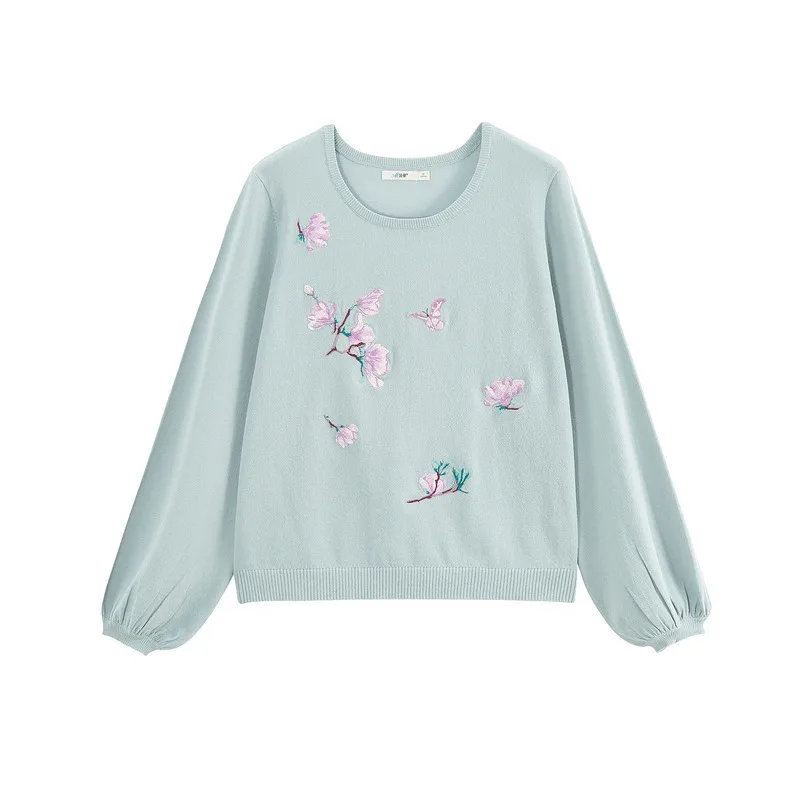 INMAN 2019 Spring Round Collar Embroidery Artistic Fresh Loose Style Lantern Sleeve Women Pullover Sweater