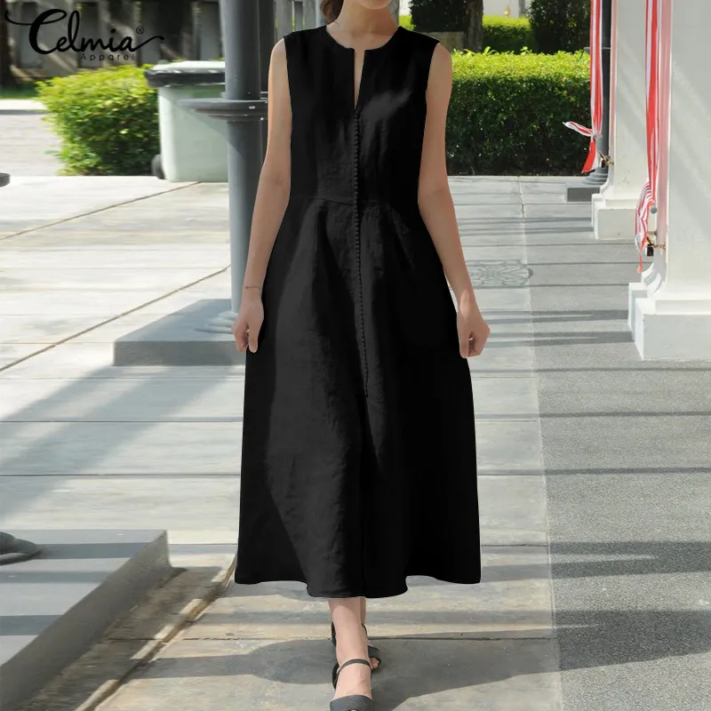 

Celmia Women Lace Dress 2019 Summer Sexy V Neck Sleeveless Belted Long Maxi Dresses Loose Beach Vestidos Party Plus Size