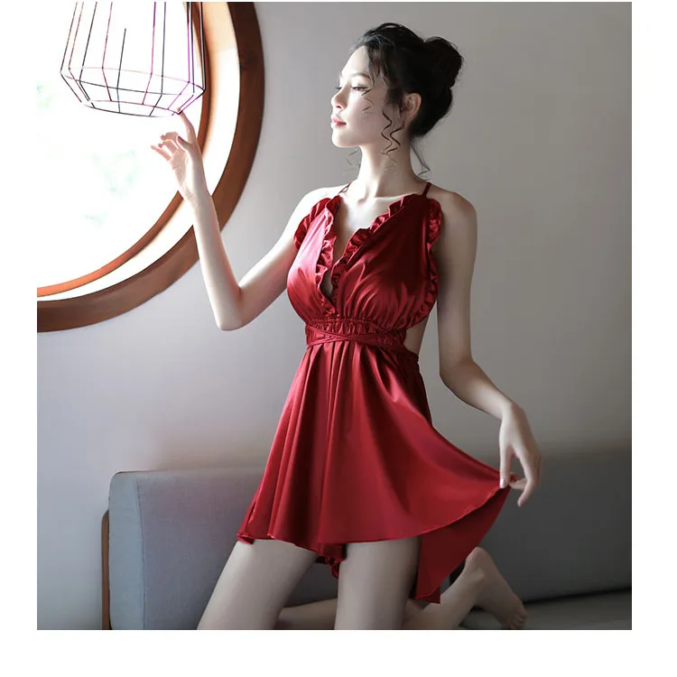 Sexy Women Satin Nightgown Hanging Neck Crossover Strap Ruffled ...