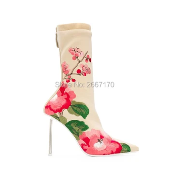 

New Arrival 2019 Spring Stretchy Fabric Pointed Toe Floral Botas Needle High Heels Back Zipper Flower Print Knitted Ankle Boots