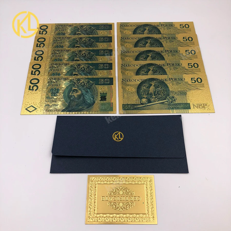 

10pcs/lot 50 PLN Colored 999.9 Gold Foil Banknote Poland Money for business gifts and home decoration with certificate