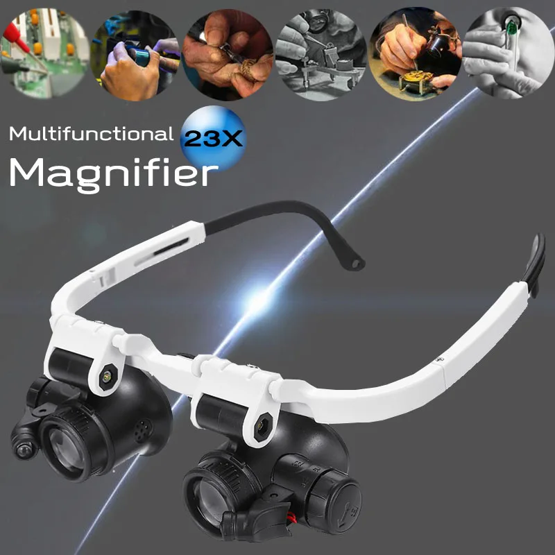 

Adjustable 23X LED Binocular Magnifier Double Eye Glasses Loupe Lens Jeweler Watch Repair Measurement Kit