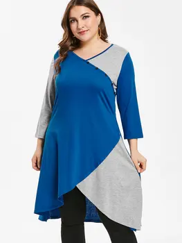 

Wipalo Women Asymmetric Plus Size 5XL Long Two Tone Tee V Neck Long Sleeves Casual Patchwork Slit Tunic T-Shirt Ladies Tops