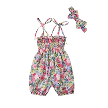 Комбинезон для маленьких девочек, милый слитный комбинезон с цветочным принтом для новорожденных девочек, цветной комбинезон на бретельках, повязка на голову с бантом, комплект из 2 предметов