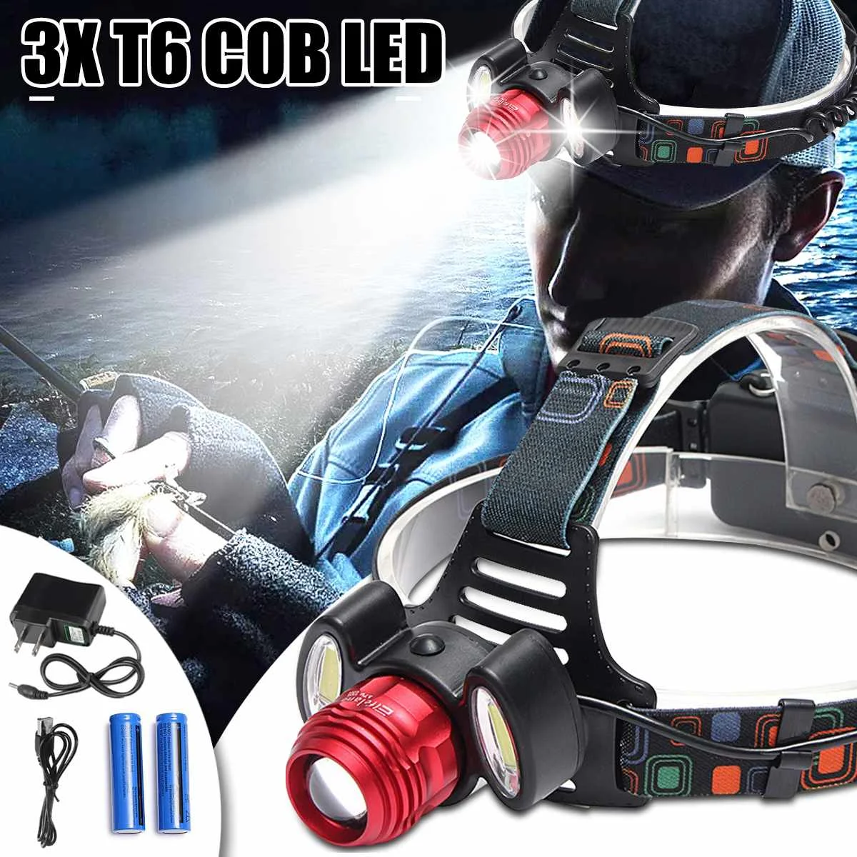 

USB Rechargeable Headlight 40000lm 1*T6 +2*COB LED Head Lamp Zoom Flashlight Torch Head Light + Car Charger + 18650 Battery