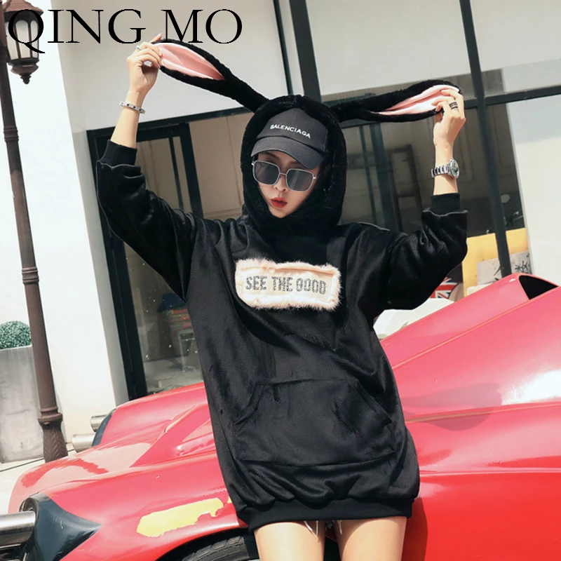 QING MO Women Rabbit Pleuche Hooded Sweatshirt 2018 Autumn Pullover Ear Letter Velvet DQM97 | Женская одежда