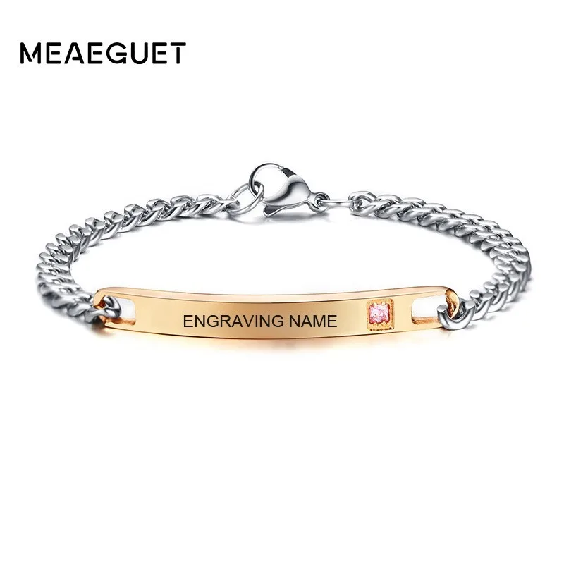 

Women Charm Bracelet Bangle Persoanlized ID Pink Crystal Stone Curban Chain Custom Femme Braslet Valentine's Day Dropshipping