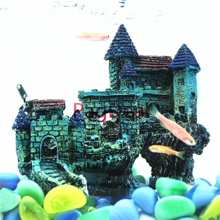 

Aquarium Ornament Mini Forgotten Castle Ruins Resin Artificial Castle Decorations Fish Tank Landscape European Villas Blue
