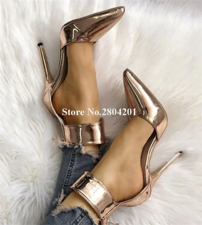 Women Sexy Fashion Pointed Toe Patent Leather Stiletto Heel Pumps Gold Silver Ankle Buckle High Heels Formal Dress Shoes