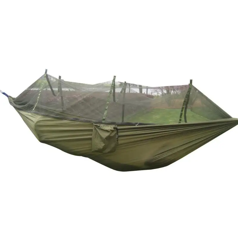 Portable Mosquito Net Camping Hammock Outdoor Garden Travel Swing Canvas Stripe Hang Bed Hammock Army Green 260*130cm
