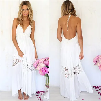 

Summer Sexy Long Maxi Elegant Party Casual White Lace Dress Women Sleeveless Sexy V-Neck Long Dresses