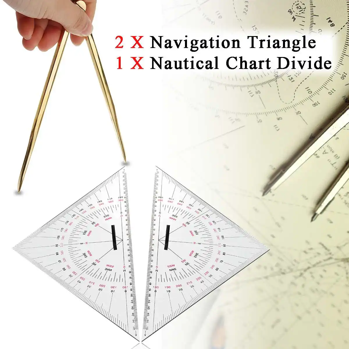 

2Pcs Navigation Triangular Protractor + Nautical Chart Divider Measurement Tools Suitable for Marine Navigation Portable