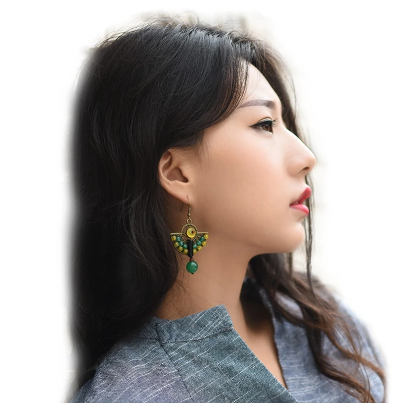

Handmade Stone Dangle Earrings ,New Ethnic Jewelry Humble Semi-Circle Vintage Earrings Green