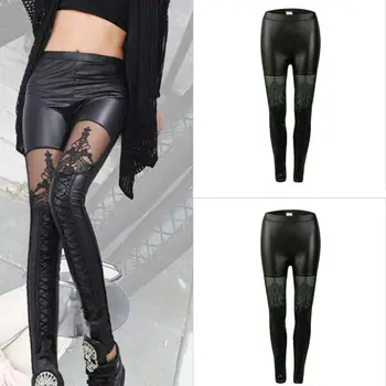 

Women Sexy PU Leather Elastic High Waist Skinny Legging Bandage Lace Decor Stretchy Legging Black Women leggings