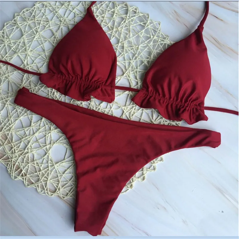 

Women Summer Solid Straps Deep V Neck Full Backless Micro Swimwear Bikini Set Push-up Padded Bra Bathing Suit Swimsuit