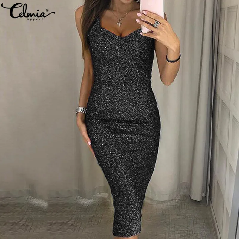 

New Fashion Celmia 2019 Summer Women Sequins Dress Casual V Neck Strap Package Hip Dresses Sexy Bodycon Party Club Vestidos 5XL