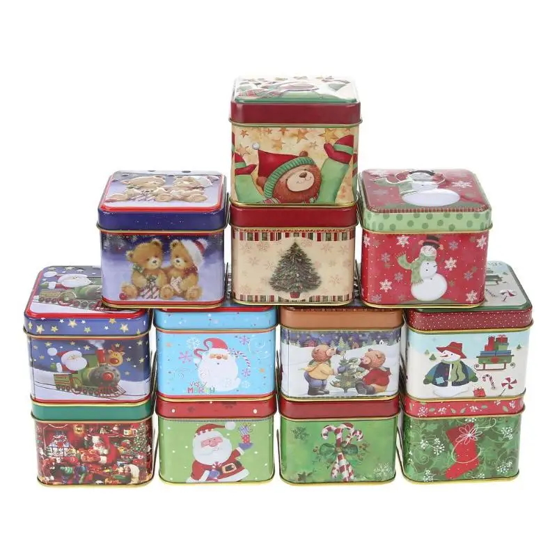 

12pcs Mini Square Christmas Tin Candy Box Cookies Baking Gift Packing Case Christmas Santa Claus Snowman Sealed Jar For Xmas