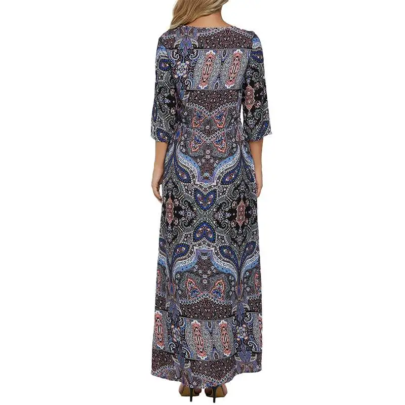Женское Макси длинное платье ZANZEA, винтажное повседневное сексуальное платье с цветочным принтом и разрезом, v-образный вырез, рукав 3/4, богемное пляжное платье размера плюс