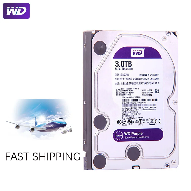 Диск Жесткий WD PURPLE для системы видеонаблюдения 3 ТБ SATA III 64 м 5 дюйма| |