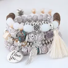 Boêmio pulseira envoltório contas bracelete, feminino boho flor folha borla pulseira multicamada bracelete femme 2020 novo