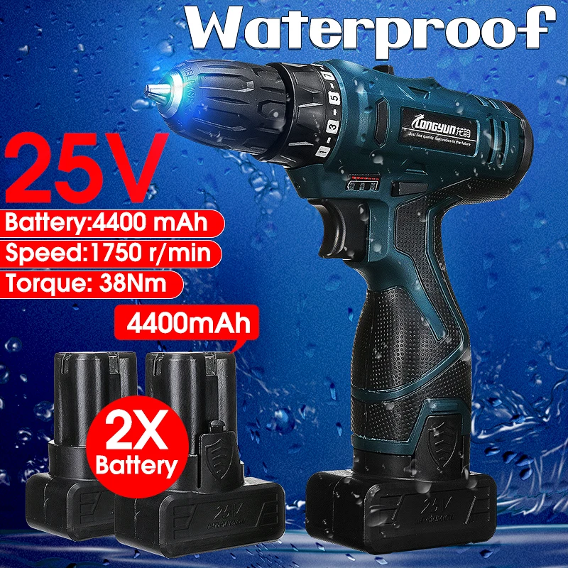 

25V LED Light Cordless Power Drill Dual Speed Li-ion Battery Electric Screwdriver Waterproof Motor Torque Screw Power Tools