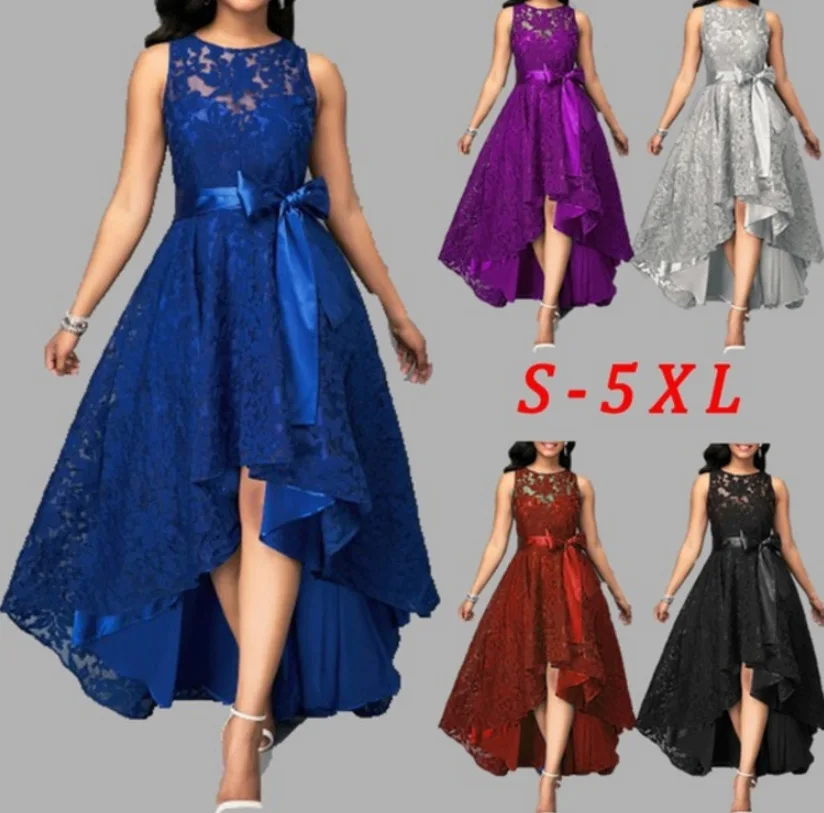 

Wipalo 5 Colors Plus Size 5XL Women Lace Party Dress High Low Irregular Women Dress Solid Maxi Sleeveless Belts Vintage Vestidos