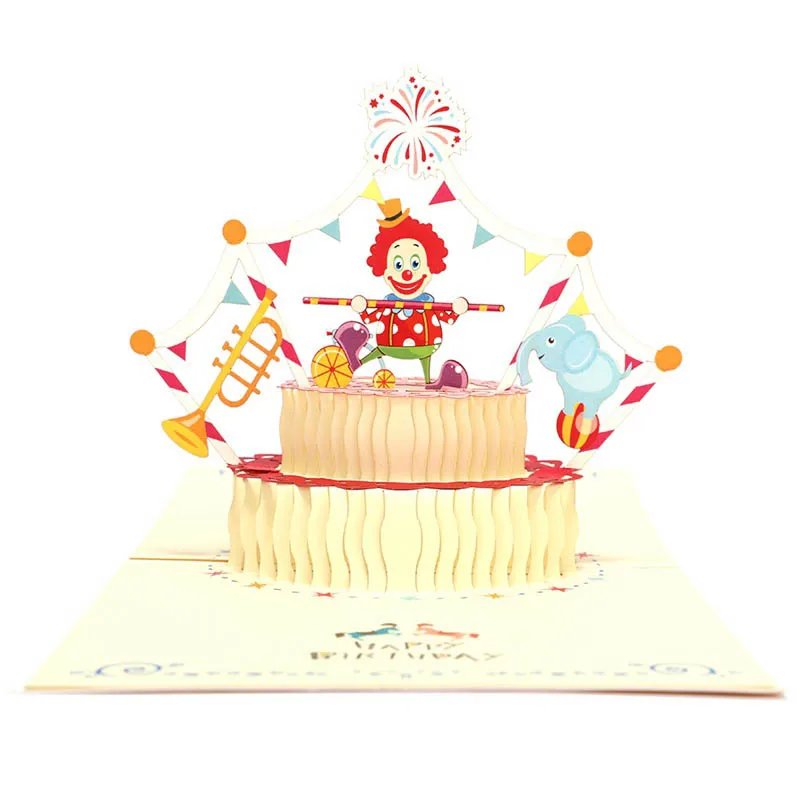  Funny Cartoon Clown 3D Birthday Cake Greeting Card Handmade Party Invitation Paper 1Pcs Rainbow Col - 33001737263