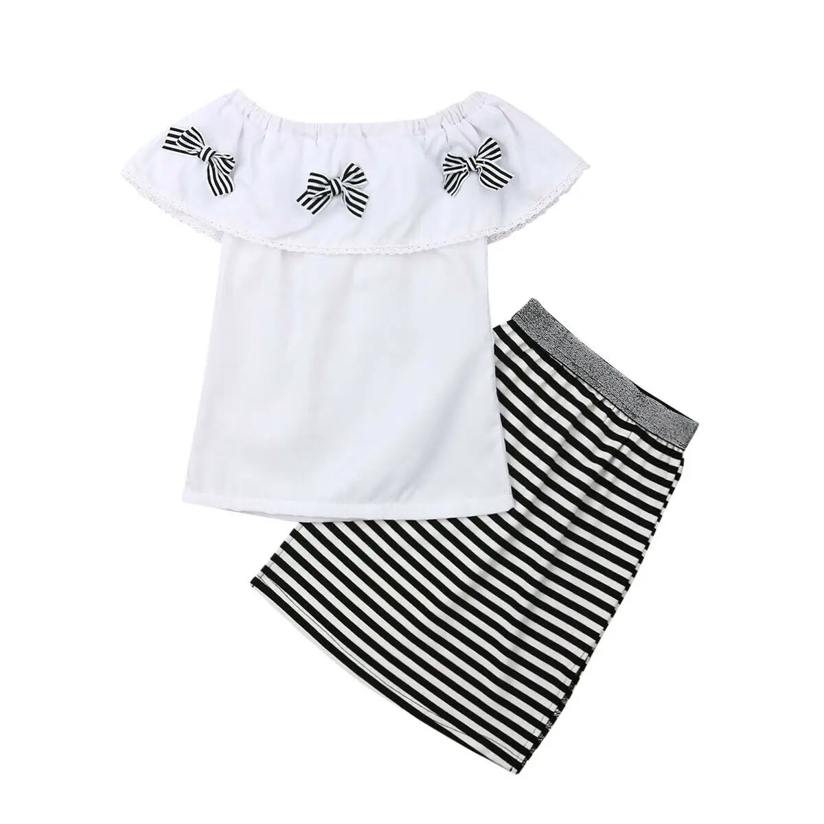 

Summer New Fashion Girls Clothing Streetwear Set T-shirt Tops+Striped Skirts Bow Cotton Soft Sweet