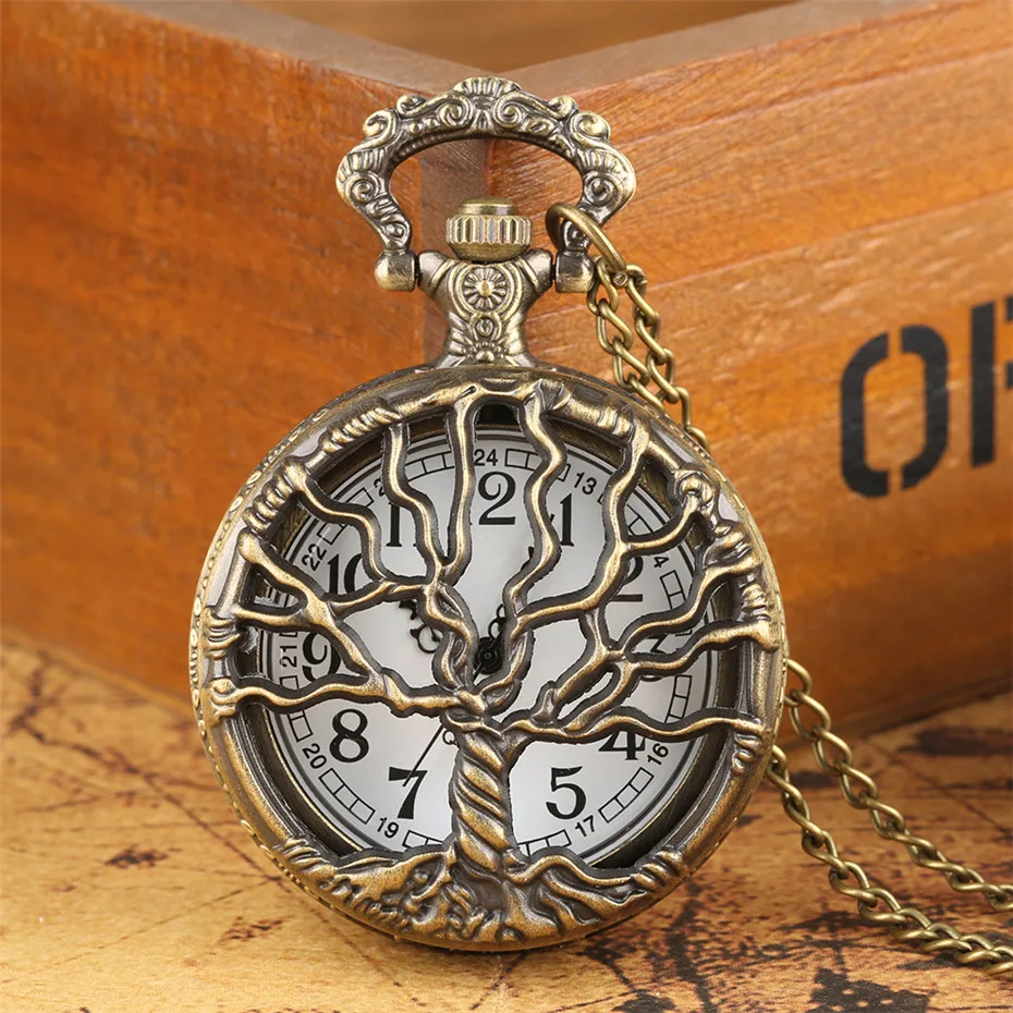 

Hollow Retro Pocket Watch Necklace Chain Half Hunter Bronze Big Tree Design Pendant Clock Old Fashion Fob Pocket Watch reloj