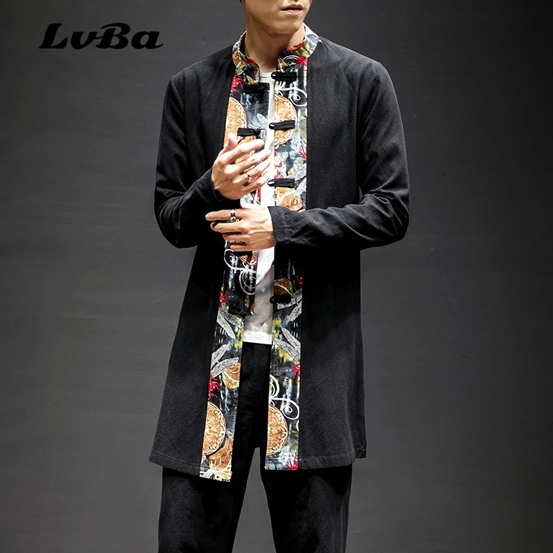 2019 Spring Traditionao Han Fu Coat Linen Men Long Dust coat Chinese Style Loose Printed Clothing Plus size trenches mens