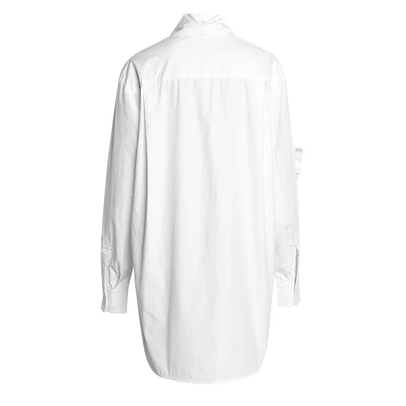  [EAM] 2020 New Autumn Winter Stand Collar Long Sleeve White Pleated Spliced Loose Two Piece Shirt W