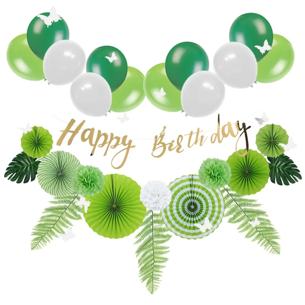 

Fresh Green Jungle Birthday Party Decoration Set Summer Flamingo Tropical Leaves Birthday Balloon Green Fans 1st Birthday Decor