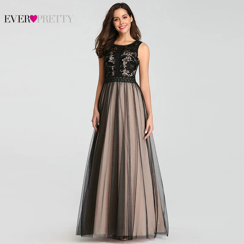 Black Prom Dresses 2019 Ever Pretty Elegant A Line O Neck Sleeveless Lace Long Formal Party Guest Gowns Plus Size Robes De Bal