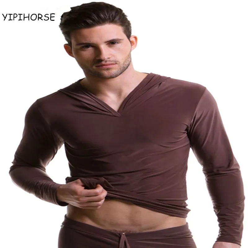 Men's casual Pajamas male sleepwear Hooded silky tops Homewear Man ...