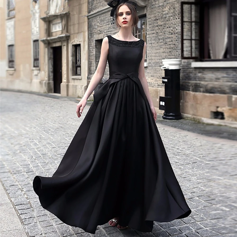 

Charming Women Dresses Retro Vintage Wedding Evening Party Clothes Formal Waist Dress Pure Color Bow Waist Sleeveless Dress