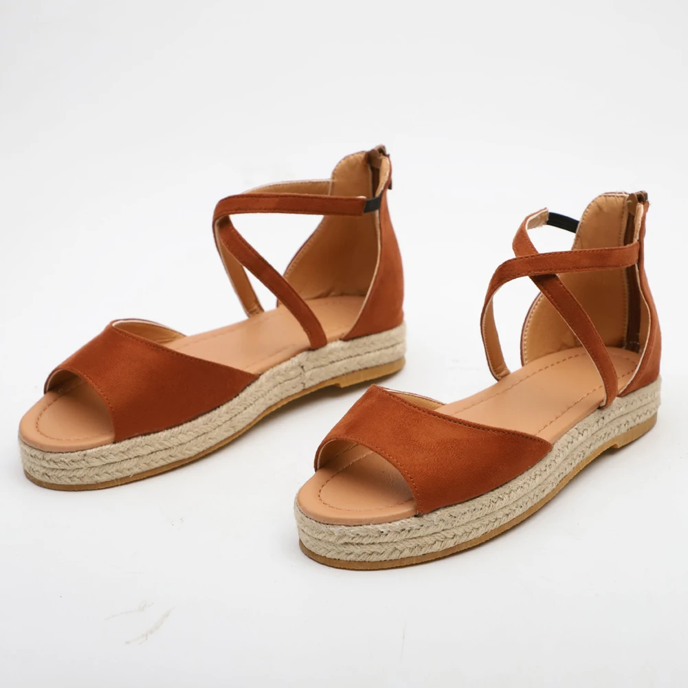 

Womens New Espadrilles Sandals Open Toe Ankle Cross-Strap Cross Belt Straw Thick Soled Platform Summer Sandals Faux Suede Shoes
