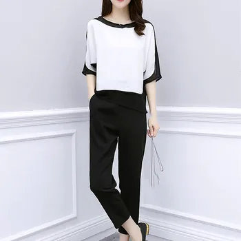 

Plus Size Women's Set Summer Half Sleeve Tops And Pants Sets Elegant Black White Casual Office Two Piece Sets