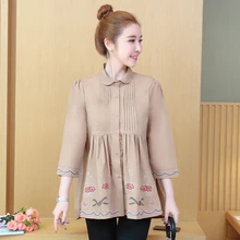 Plus Size Peplum Top Korean Casual Women Long Shirt 2019 Spring Three Quarter Sleeve Turn Down Collar Embroidery Blouses 4XL 5XL Plus Size Peplum Top Korean Casual Women Long Shirt 2019 Spring Three Quarter Sleeve Turn Down Collar Embroidery Blouses 4XL 5XL