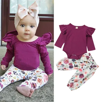 

baby girl newborn clothes Cotton Outfits Infant Kid Long Sleeve Body Suit Romper Floral Print Long Pant Clothes Set